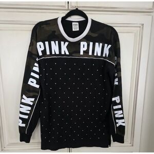 Victoria's Secret Pink Bling Camo Campus‎ Faux Rhinestone Shirt Women's Xs Black